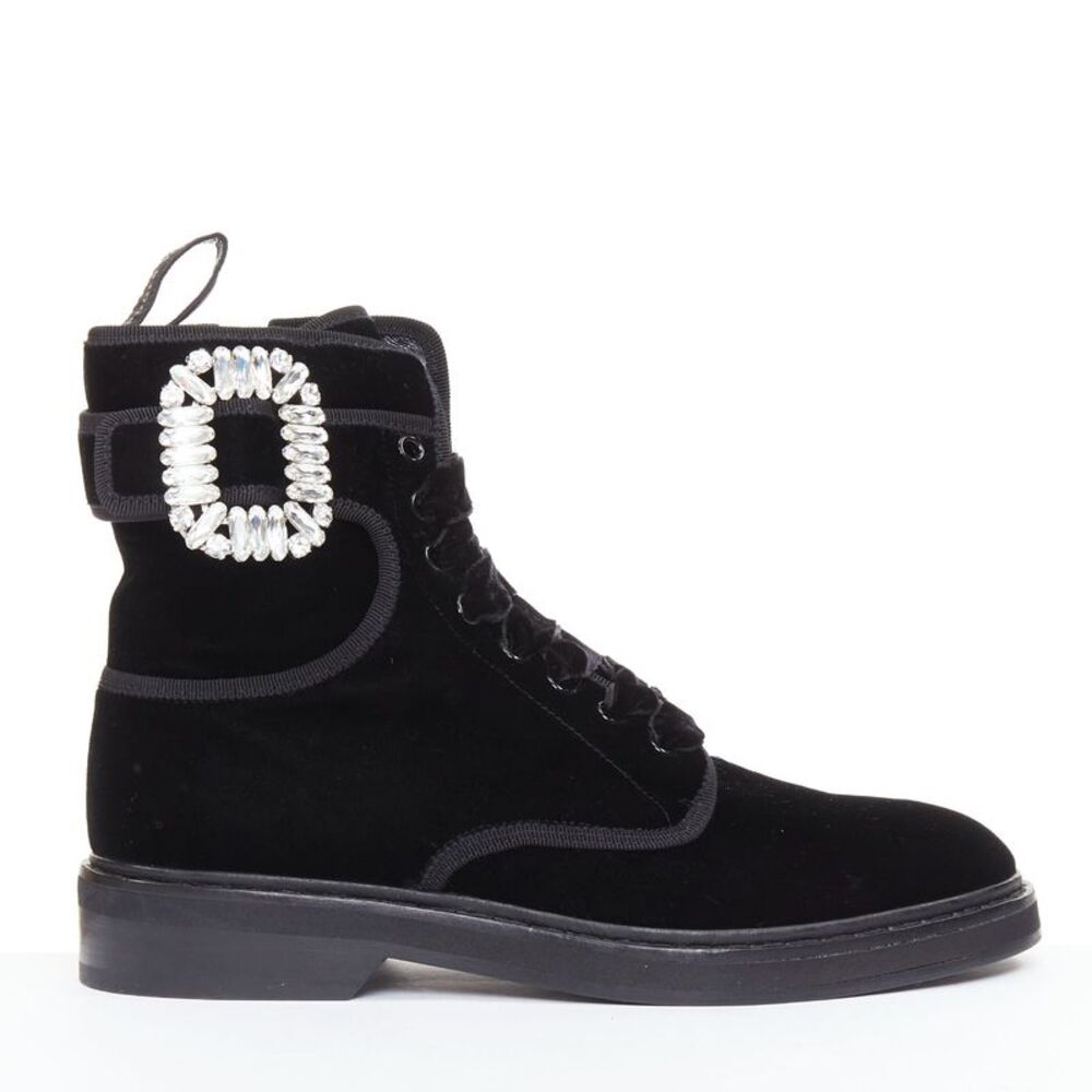 Roger Vivier Viv Rangers black velvet crystal buckle combat boots